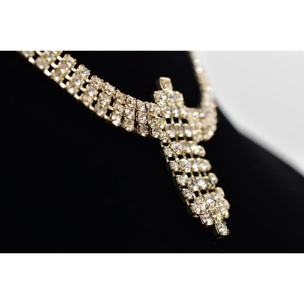 Vintage Crystal Collar Choker Necklace Rhinestone Silver Chunky Glam 1980s BinBJ